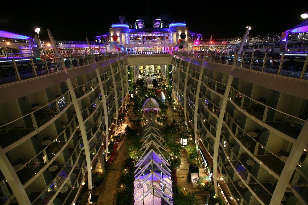 A view at night of the Central Park neighborhood onboard Oasis of the Seas .