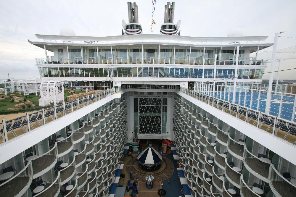 A look down at the Boardwalk neighborhood onboard Royal Caribbean International's Allure of the Seas .