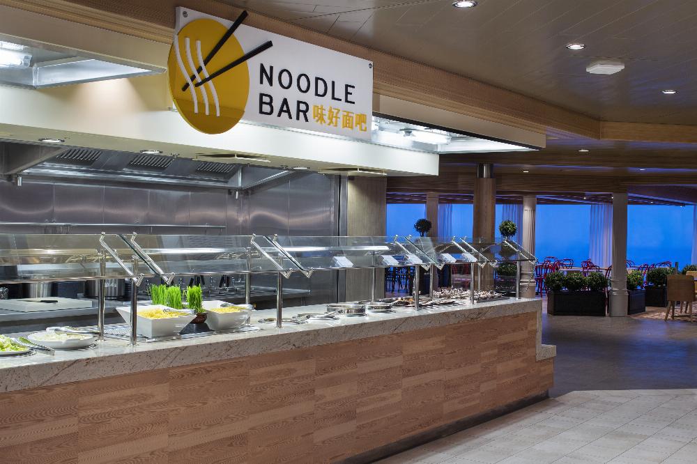 Enjoy live chef demonstrations and noodles made fresh daily at the new Noodle Bar located in Windjammer Marketplace on board Spectrum of the Seas .