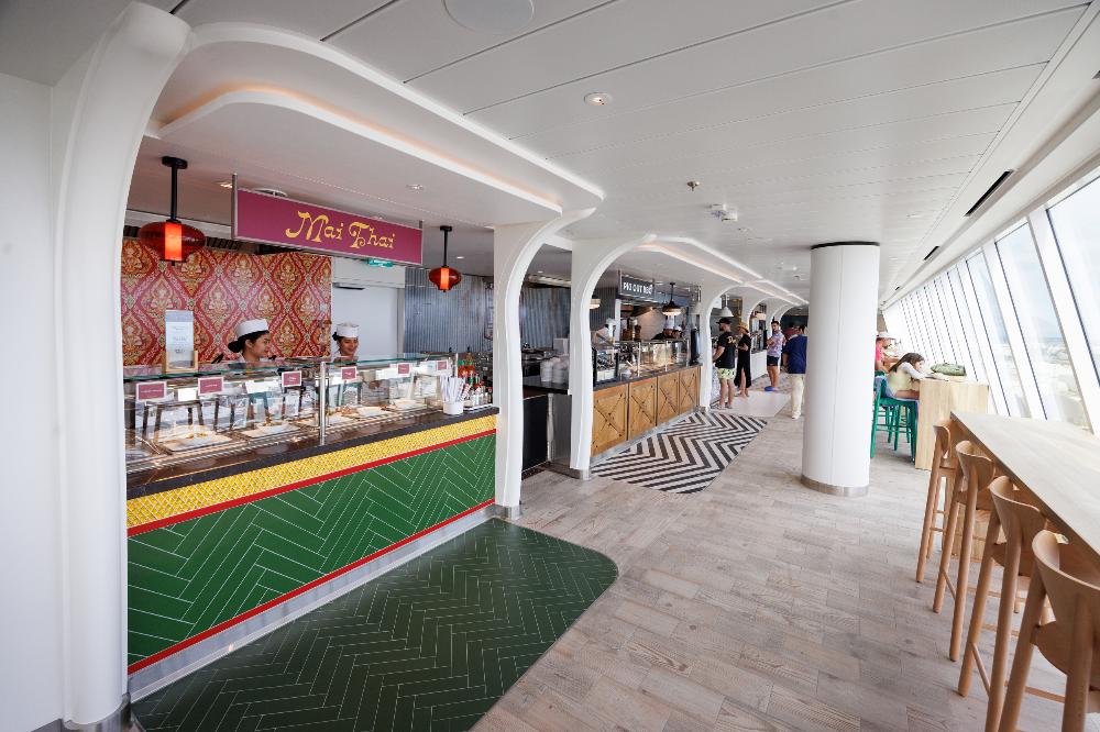 AquaDome Market, Royal Caribbean’s Icon Class food hall, features five food stands, including three all-new concepts on Star of the Seas .